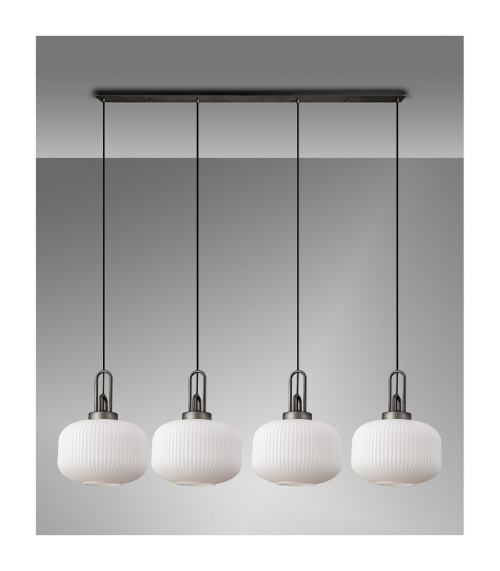 Yorktown Linear Pendant 4 x E27 Aged Pewter/Matt Black 30cm Pumpkin Shaped Ribbed Opal Glass-10