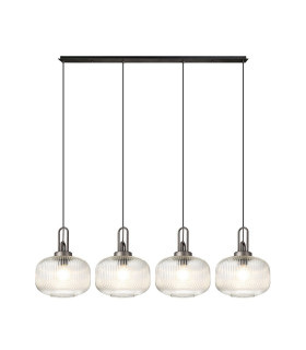 Yorktown Linear Pendant 4 x E27 Aged Pewter/Matt Black 30cm Pumpkin Shaped Ribbed Clear Glass-1