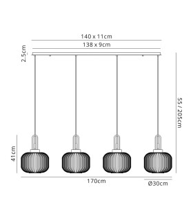 Yorktown Linear Pendant 4 x E27 Aged Pewter/Matt Black 30cm Pumpkin Shaped Ribbed Clear Glass-2