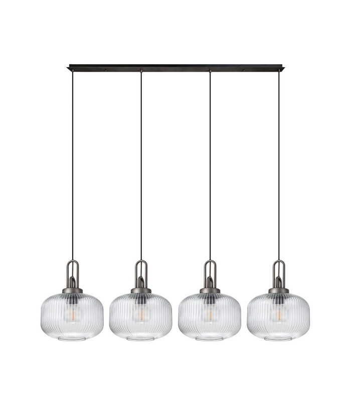 Yorktown Linear Pendant 4 x E27 Aged Pewter/Matt Black 30cm Pumpkin Shaped Ribbed Clear Glass-4
