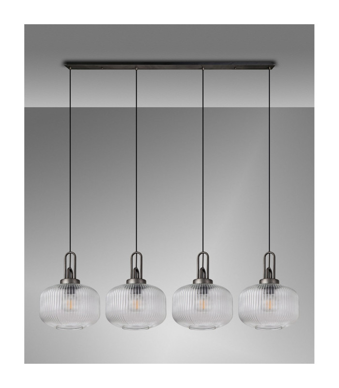 Yorktown Linear Pendant 4 x E27 Aged Pewter/Matt Black 30cm Pumpkin Shaped Ribbed Clear Glass-11