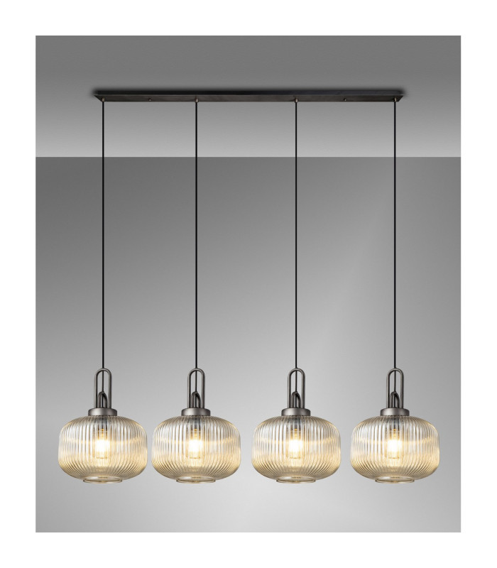 Yorktown Linear Pendant 4 x E27 Aged Pewter/Matt Black 30cm Pumpkin Shaped Ribbed Champagne Glass-3