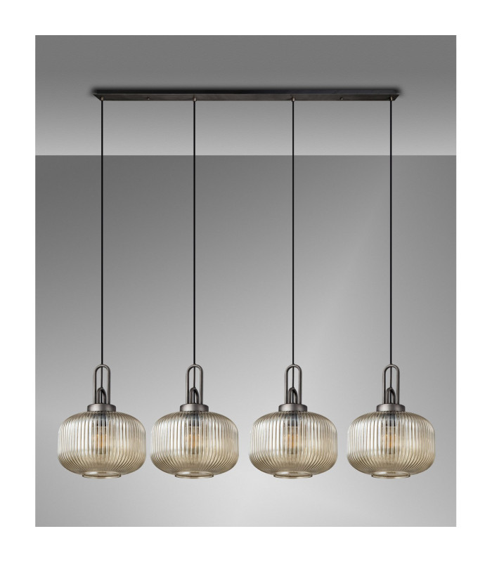 Yorktown Linear Pendant 4 x E27 Aged Pewter/Matt Black 30cm Pumpkin Shaped Ribbed Champagne Glass-11