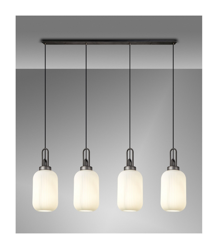 Yorktown Linear 4 Light Pendant 20cm Tubular Ribbed Glass Aged Pewter/Matt Black Opal-3