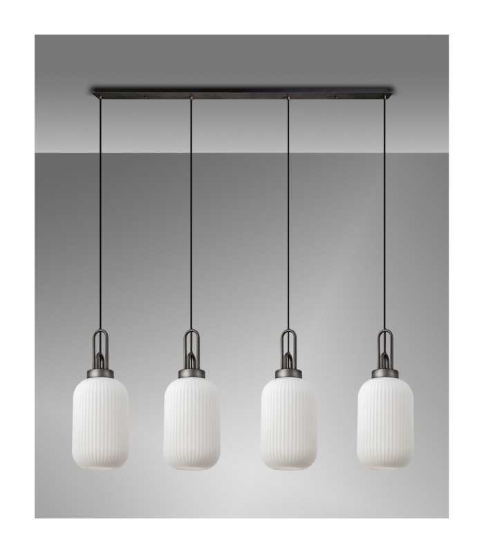 Yorktown Linear 4 Light Pendant 20cm Tubular Ribbed Glass Aged Pewter/Matt Black Opal-10