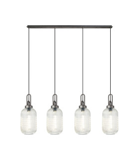 Yorktown Linear 4 Light Pendant 20cm Tubular Ribbed Glass Aged Pewter/Matt Black Clear-1