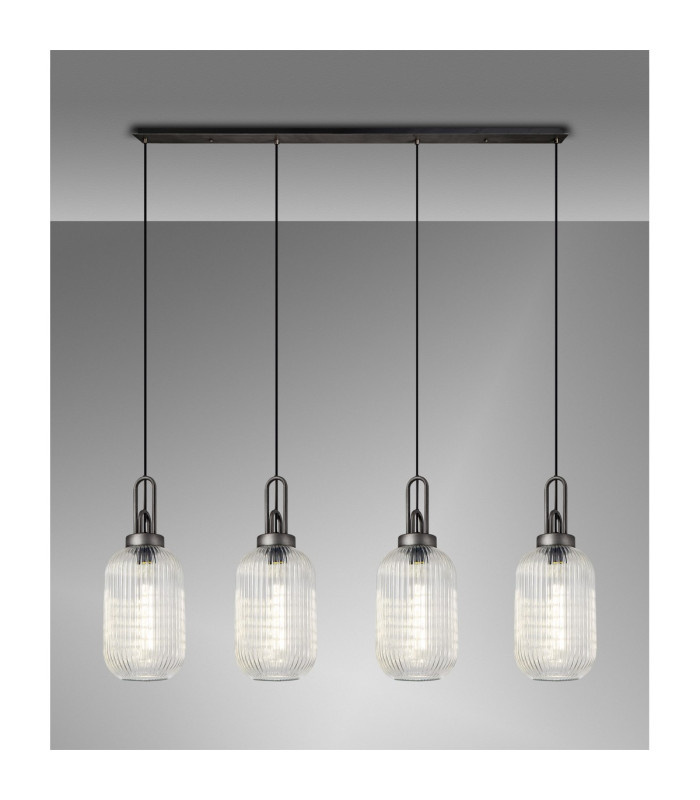 Yorktown Linear 4 Light Pendant 20cm Tubular Ribbed Glass Aged Pewter/Matt Black Clear-3