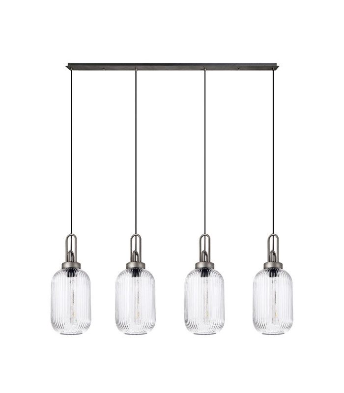 Yorktown Linear 4 Light Pendant 20cm Tubular Ribbed Glass Aged Pewter/Matt Black Clear-4