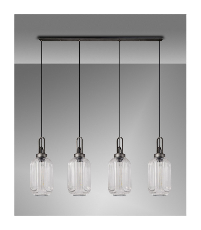 Yorktown Linear 4 Light Pendant 20cm Tubular Ribbed Glass Aged Pewter/Matt Black Clear-11
