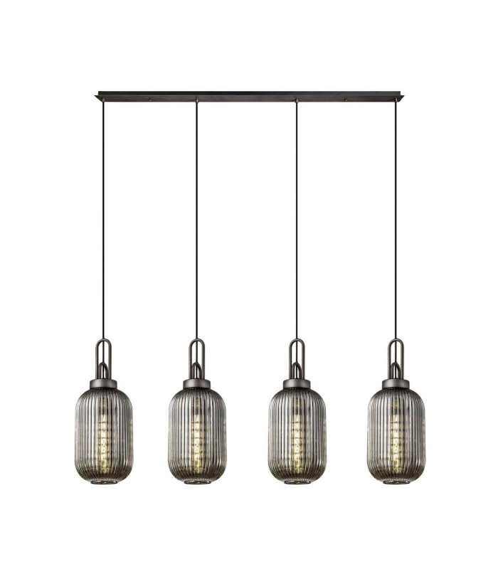 Yorktown Linear 4 Light Pendant 20cm Tubular Ribbed Glass Aged Pewter/Matt Black Smoked-1