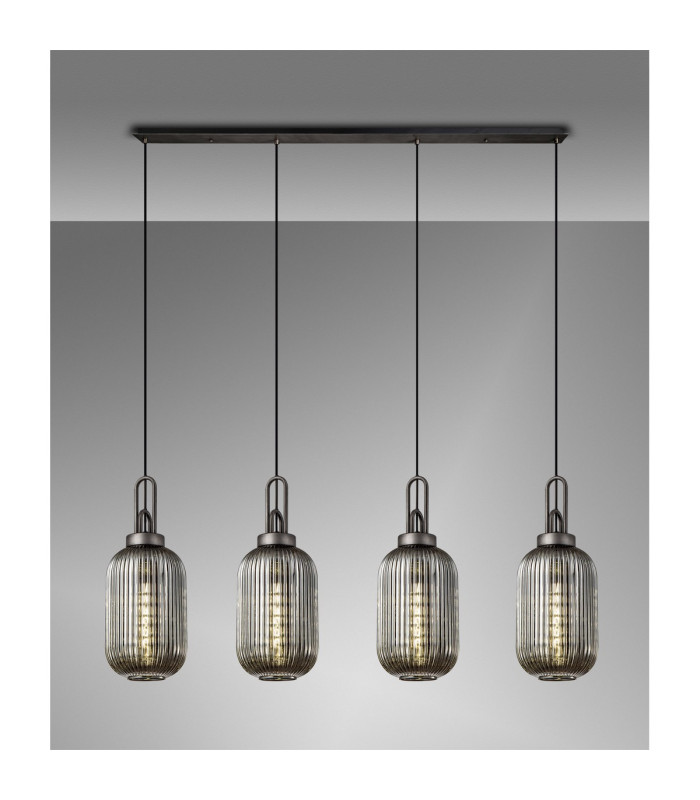 Yorktown Linear 4 Light Pendant 20cm Tubular Ribbed Glass Aged Pewter/Matt Black Smoked-3