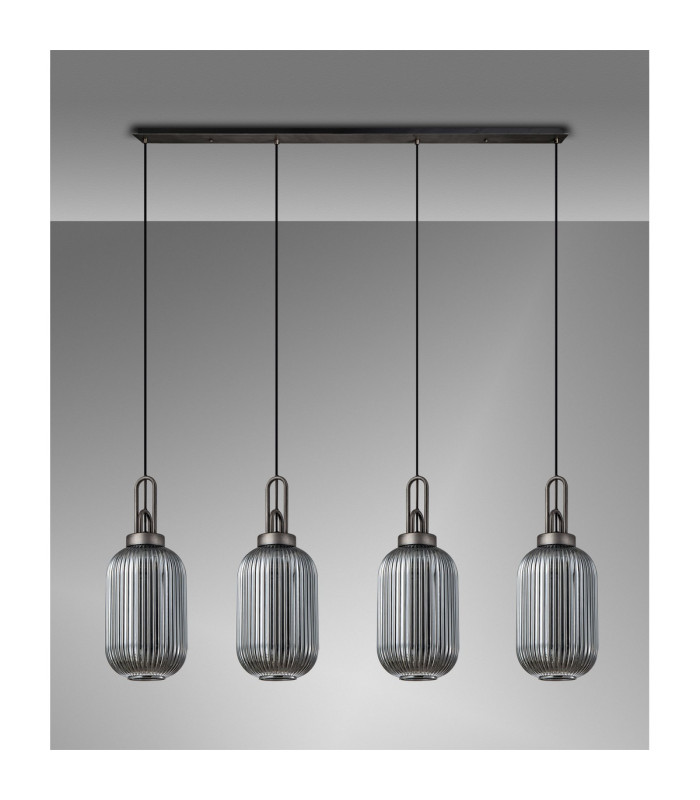 Yorktown Linear 4 Light Pendant 20cm Tubular Ribbed Glass Aged Pewter/Matt Black Smoked-11
