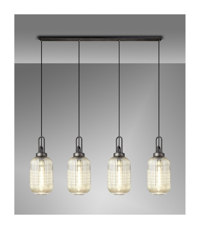 Yorktown Linear 4 Light Pendant 20cm Tubular Ribbed Glass Aged Pewter/Matt Black Champagne-3