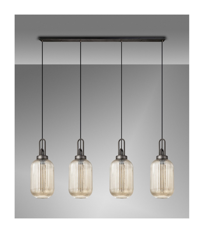 Yorktown Linear 4 Light Pendant 20cm Tubular Ribbed Glass Aged Pewter/Matt Black Champagne-11