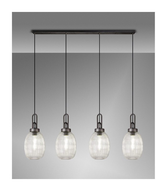 Yorktown Linear 4 Light Pendant 20cm Almond Ribbed Glass Aged Pewter/Matt Black Clear-3