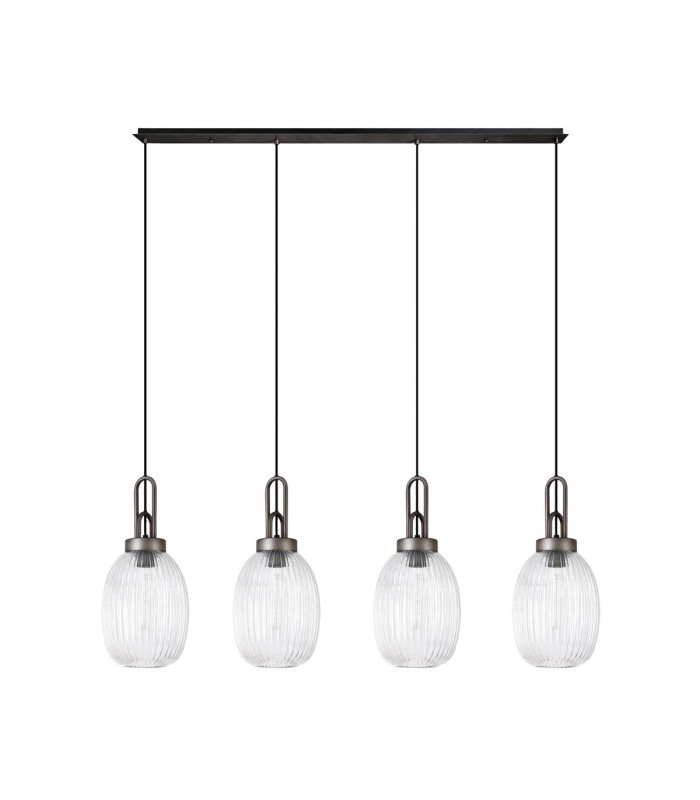 Yorktown Linear 4 Light Pendant 20cm Almond Ribbed Glass Aged Pewter/Matt Black Clear-4