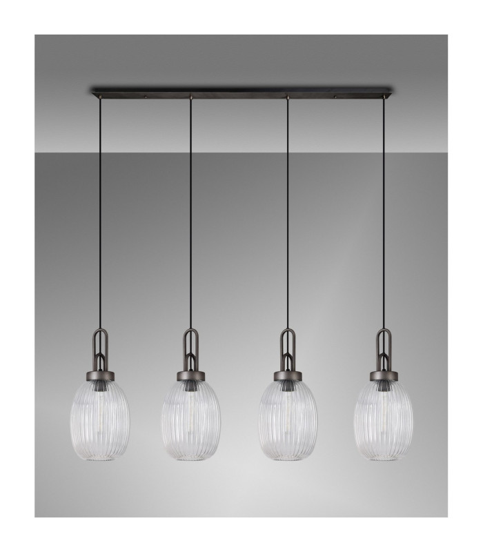 Yorktown Linear 4 Light Pendant 20cm Almond Ribbed Glass Aged Pewter/Matt Black Clear-10