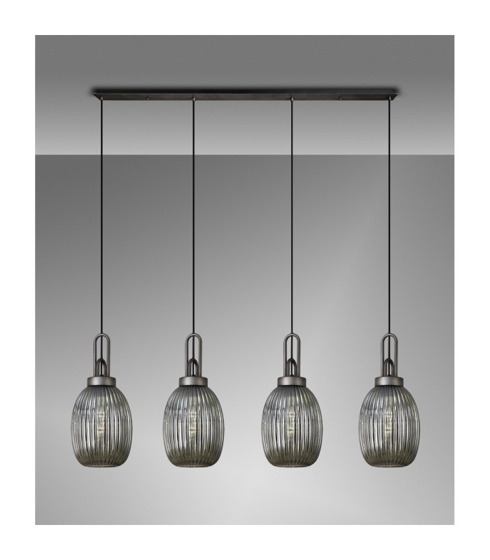 Yorktown Linear 4 Light Pendant 20cm Almond Ribbed Glass Aged Pewter/Matt Black Smoked-3