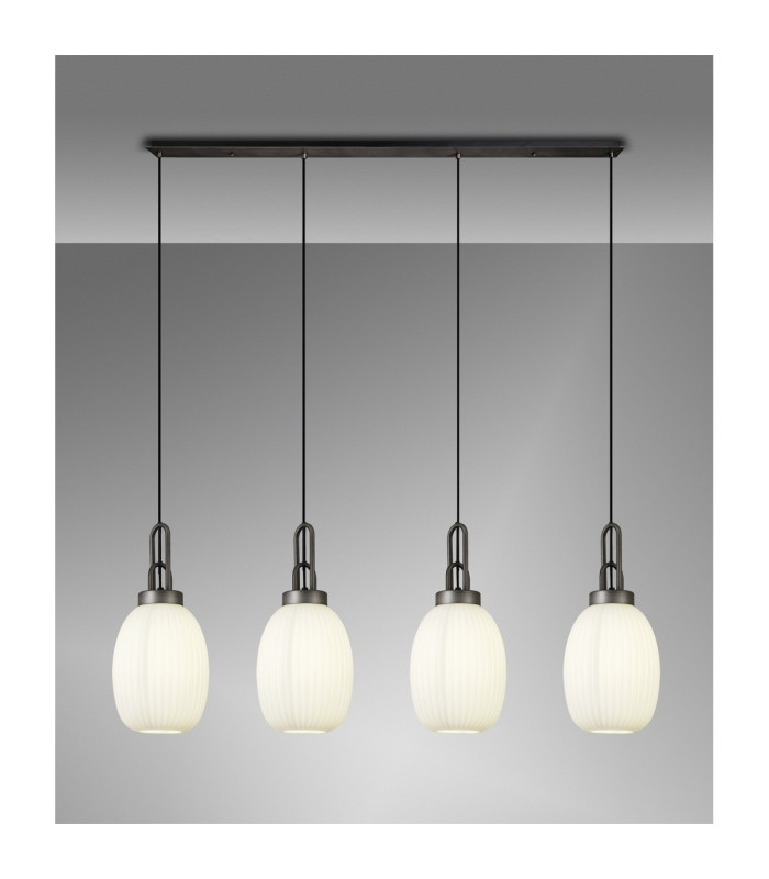 Yorktown Linear 4 Light Pendant 20cm Almond Ribbed Glass Aged Pewter/Matt Black Opal-3