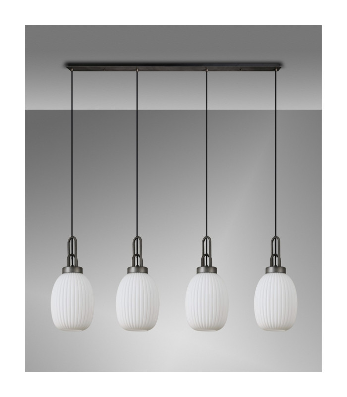 Yorktown Linear 4 Light Pendant 20cm Almond Ribbed Glass Aged Pewter/Matt Black Opal-10