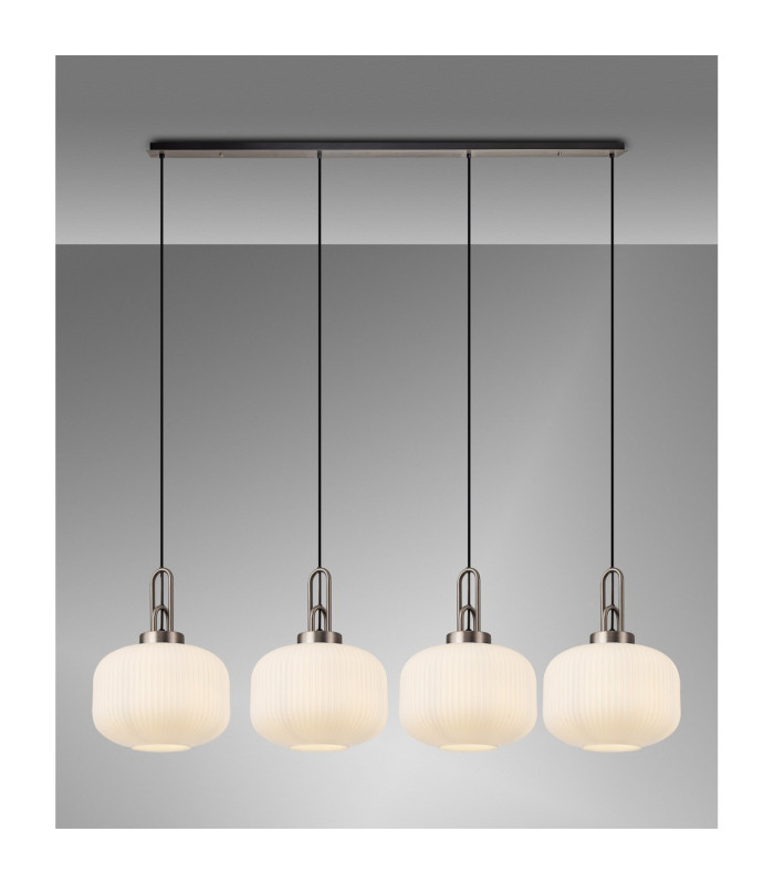Yorktown Linear Pendant 4 x E27 Antique Silver/Matt Black 30cm Pumpkin Shaped Ribbed Opal Glass-3
