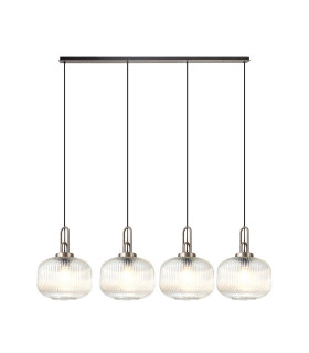 Yorktown Linear Pendant 4 x E27 Antique Silver/Matt Black 30cm Pumpkin Shaped Ribbed Clear Glass-1