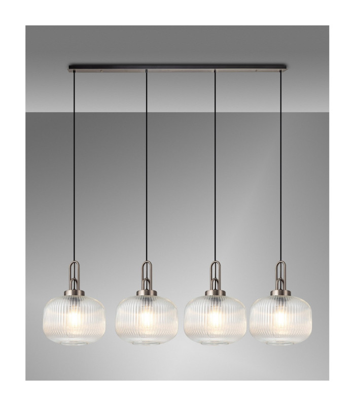 Yorktown Linear Pendant 4 x E27 Antique Silver/Matt Black 30cm Pumpkin Shaped Ribbed Clear Glass-3