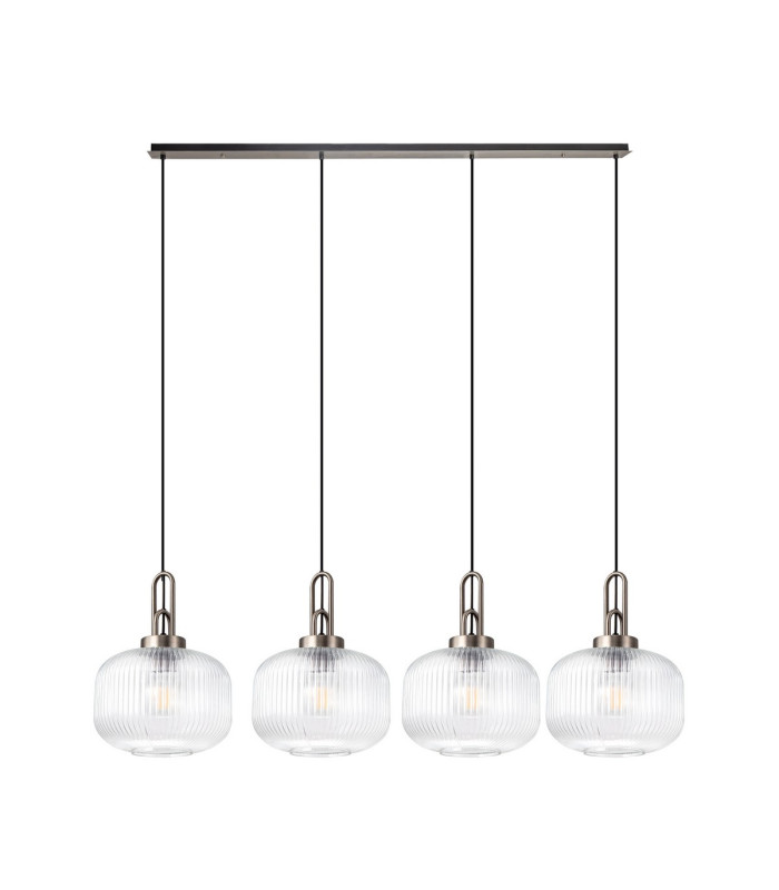 Yorktown Linear Pendant 4 x E27 Antique Silver/Matt Black 30cm Pumpkin Shaped Ribbed Clear Glass-4