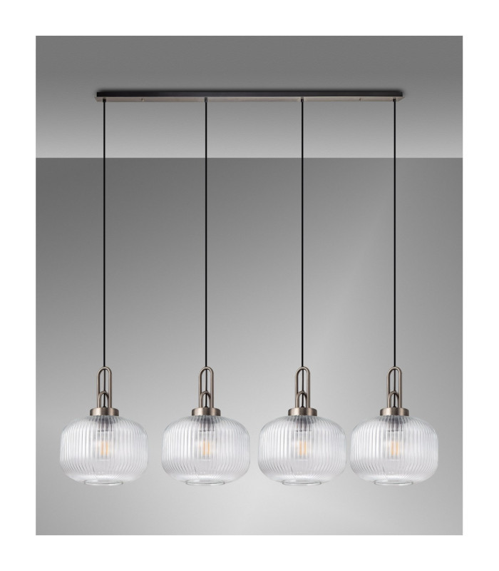 Yorktown Linear Pendant 4 x E27 Antique Silver/Matt Black 30cm Pumpkin Shaped Ribbed Clear Glass-11