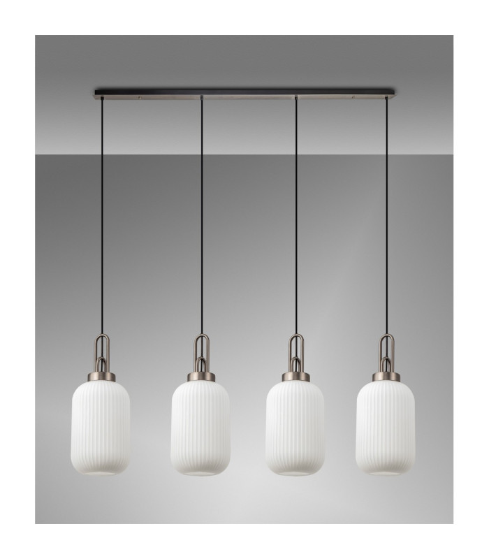 Yorktown Linear 4 Light Pendant 20cm Tubular Ribbed Glass Antique Silver/Matt Black Opal-10