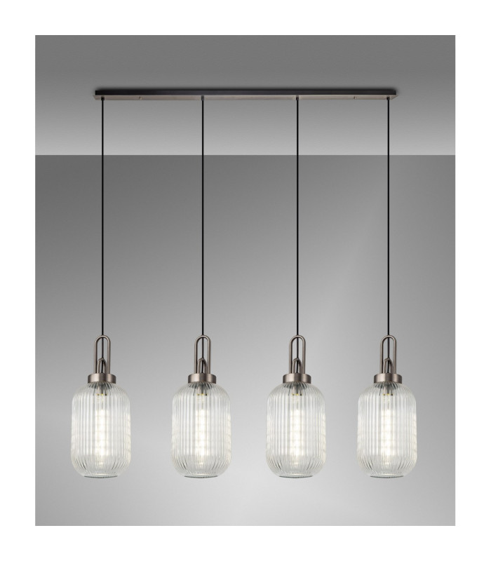 Yorktown Linear 4 Light Pendant 20cm Tubular Ribbed Glass Antique Silver/Matt Black Clear-3