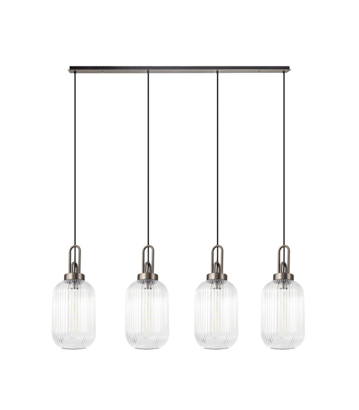 Yorktown Linear 4 Light Pendant 20cm Tubular Ribbed Glass Antique Silver/Matt Black Clear-4