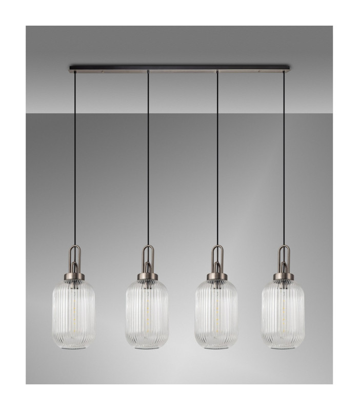 Yorktown Linear 4 Light Pendant 20cm Tubular Ribbed Glass Antique Silver/Matt Black Clear-11