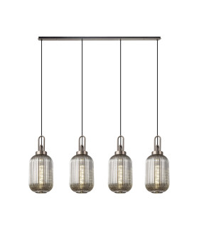 Yorktown Linear 4 Light Pendant 20cm Tubular Ribbed Glass Antique Silver/Matt Black Smoked-1