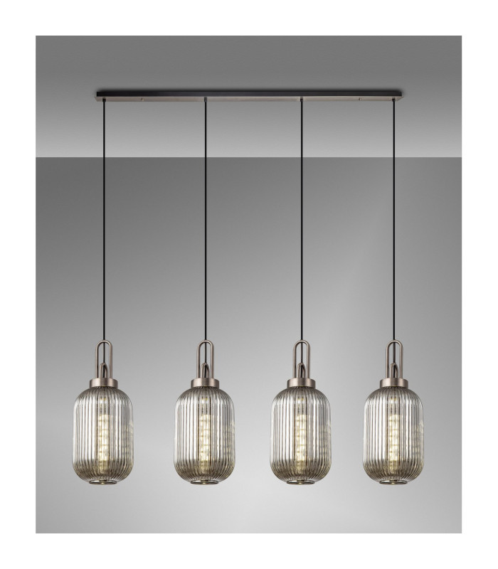 Yorktown Linear 4 Light Pendant 20cm Tubular Ribbed Glass Antique Silver/Matt Black Smoked-3