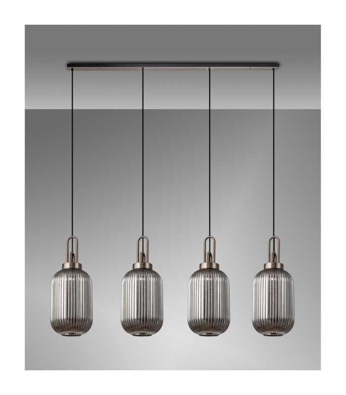 Yorktown Linear 4 Light Pendant 20cm Tubular Ribbed Glass Antique Silver/Matt Black Smoked-11