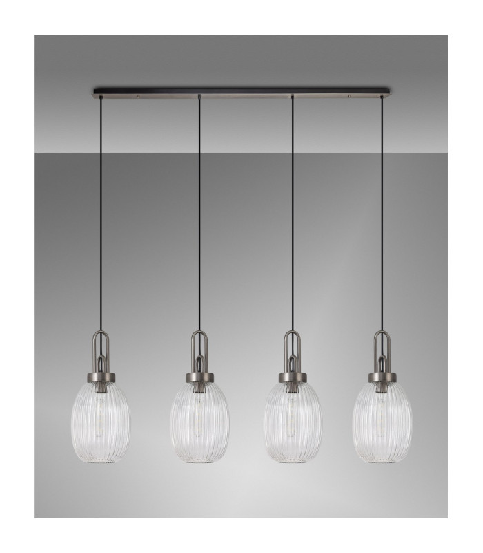 Yorktown Linear 4 Light Pendant 20cm Almond Ribbed Glass Antique Silver/Matt Black Clear-10