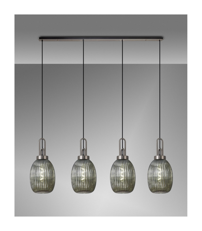 Yorktown Linear 4 Light Pendant 20cm Almond Ribbed Glass Antique Silver/Matt Black Smoked-3