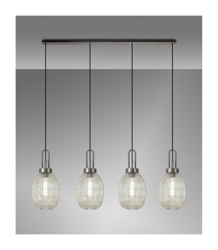 Yorktown Linear 4 Light Pendant 20cm Almond Ribbed Glass Antique Silver/Matt Black Champagne-3