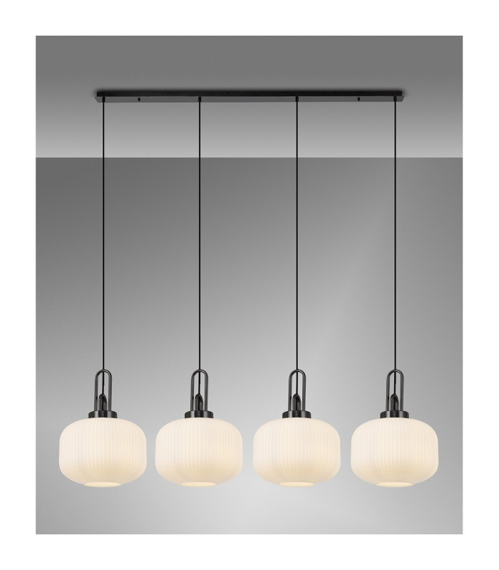 Yorktown Linear Pendant 4 x E27 Black Chrome/Matt Black 30cm Pumpkin Shaped Ribbed Opal Glass-3
