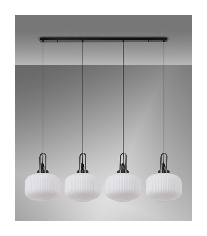 Yorktown Linear Pendant 4 x E27 Black Chrome/Matt Black 30cm Pumpkin Shaped Ribbed Opal Glass-11