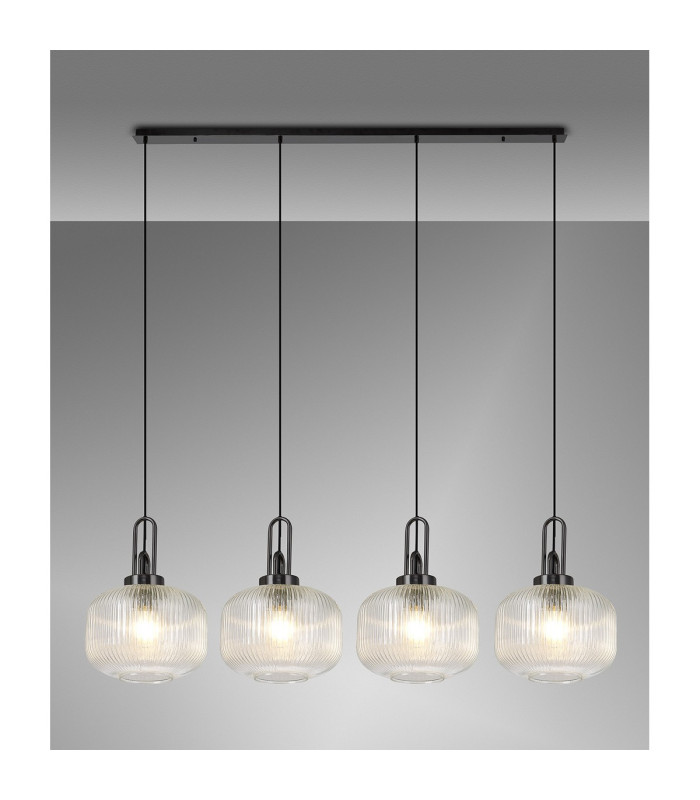 Yorktown Linear Pendant 4 x E27 Black Chrome/Matt Black 30cm Pumpkin Shaped Ribbed Clear Glass-3