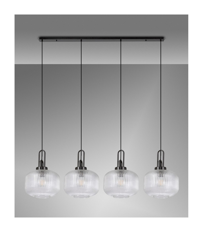 Yorktown Linear Pendant 4 x E27 Black Chrome/Matt Black 30cm Pumpkin Shaped Ribbed Clear Glass-11