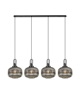 Yorktown Linear Pendant 4 x E27 Black Chrome/Matt Black 30cm Pumpkin Shaped Ribbed Smoked Glass-1
