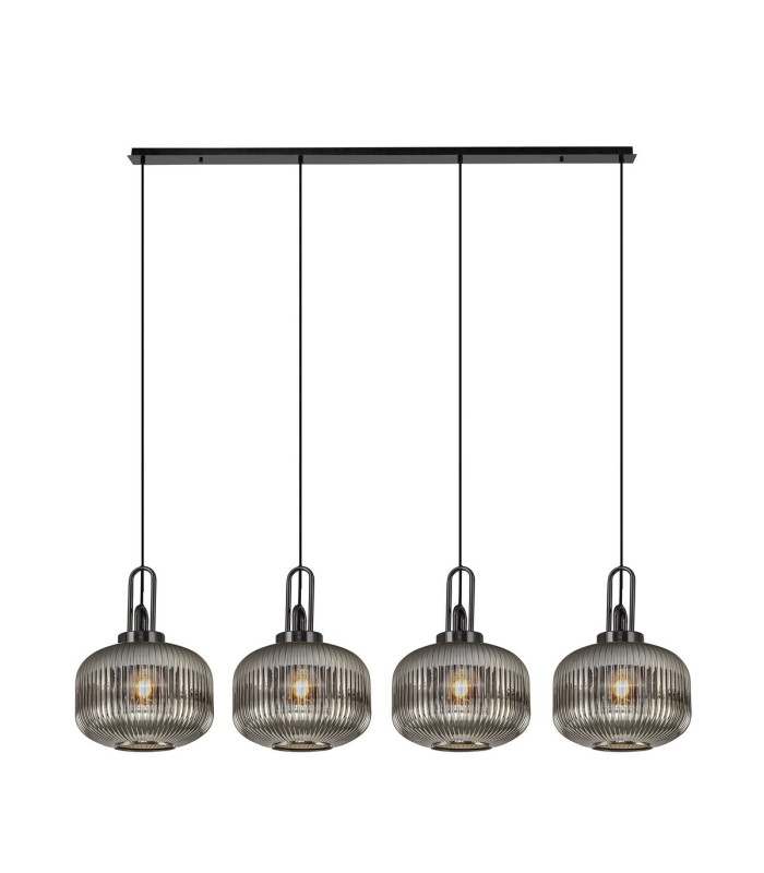 Yorktown Linear Pendant 4 x E27 Black Chrome/Matt Black 30cm Pumpkin Shaped Ribbed Smoked Glass-1