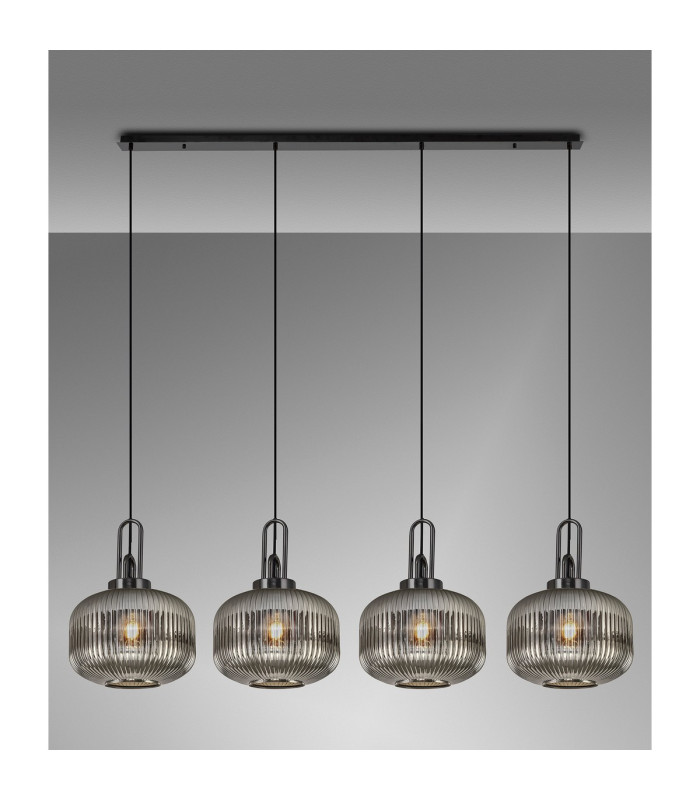 Yorktown Linear Pendant 4 x E27 Black Chrome/Matt Black 30cm Pumpkin Shaped Ribbed Smoked Glass-3
