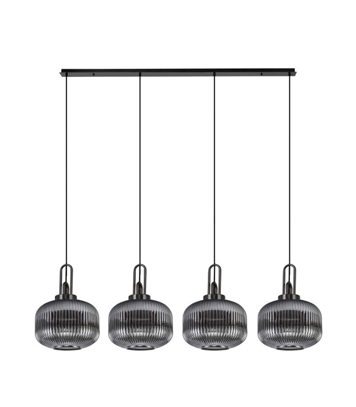 Yorktown Linear Pendant 4 x E27 Black Chrome/Matt Black 30cm Pumpkin Shaped Ribbed Smoked Glass-4
