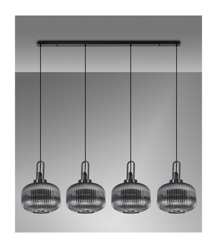 Yorktown Linear Pendant 4 x E27 Black Chrome/Matt Black 30cm Pumpkin Shaped Ribbed Smoked Glass-11