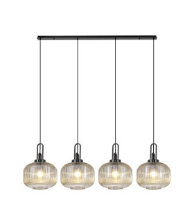 Yorktown Linear Pendant 4 x E27 Black Chrome/Matt Black 30cm Pumpkin Shaped Ribbed Champagne Glass-1