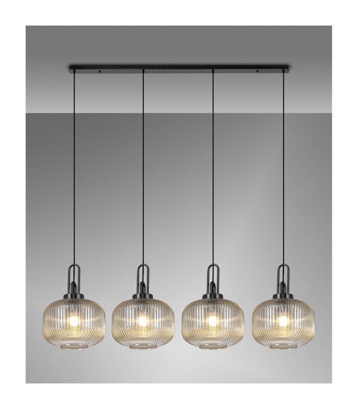 Yorktown Linear Pendant 4 x E27 Black Chrome/Matt Black 30cm Pumpkin Shaped Ribbed Champagne Glass-3